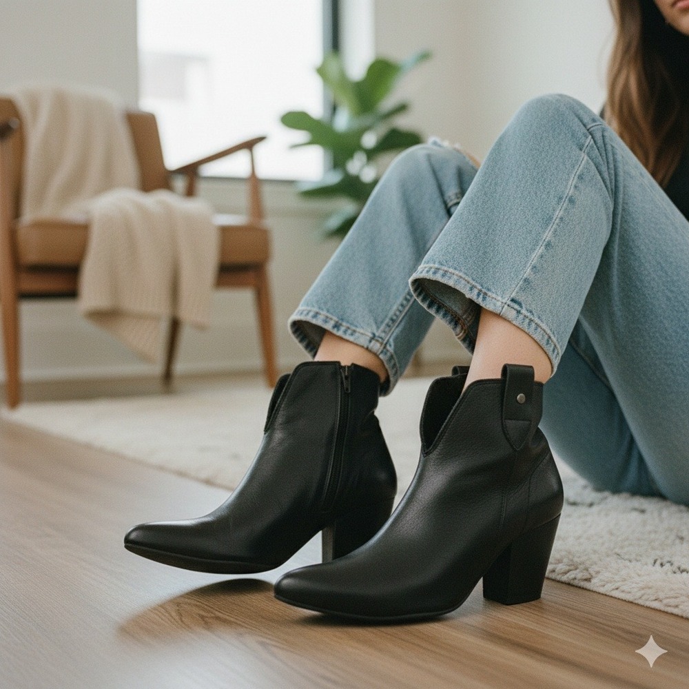 Vey Leather Pointed Toe Ankle Boots Block Heel Side Zip Black - Size 36